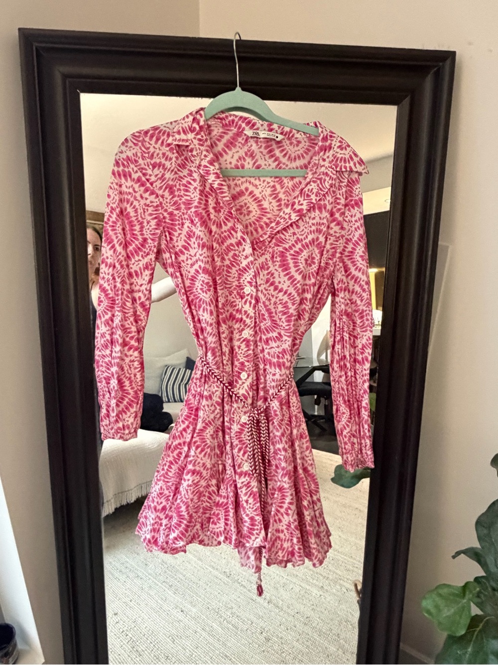 Zara Pink Printed Tie-Waist Mini Shirt Dress